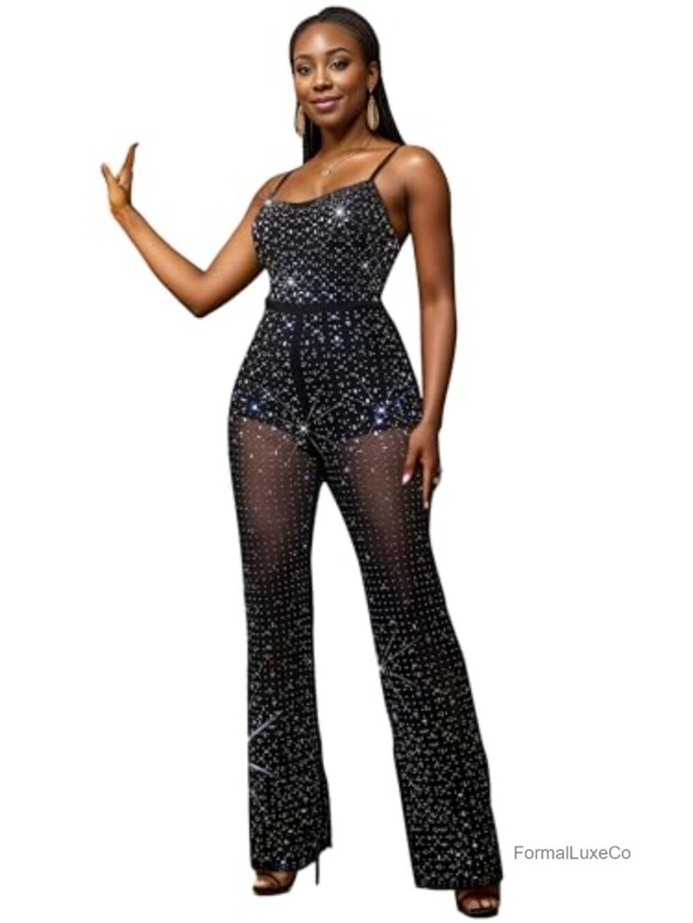 Rhinestone Sequin Jumpsuit Sleeveless Zipper Party Night Out